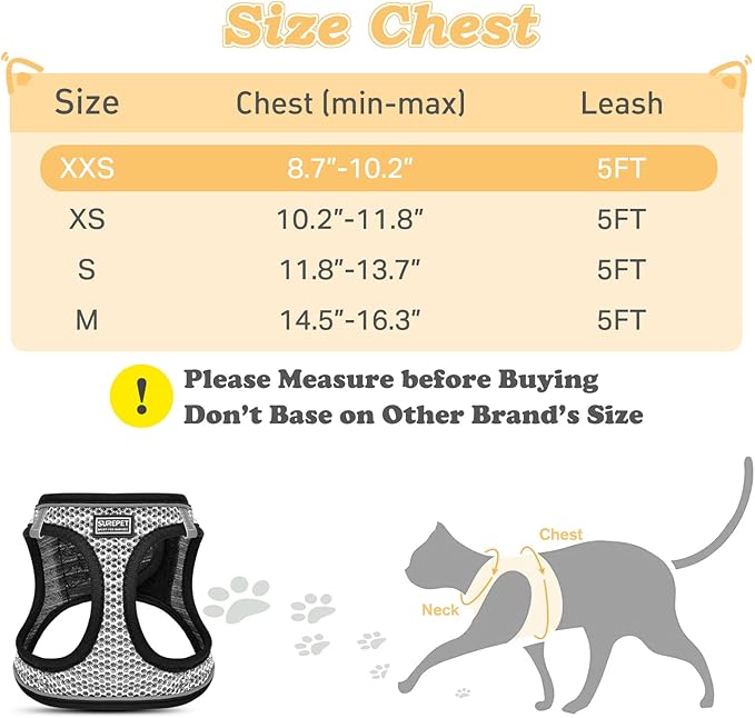 Cat Harness and Leash for Walking Escape Proof, Adjustable Kitten Vest Harness Reflective Soft Mesh Puppy Harness for Outdoor, Comfort Fit, Easy to Control (Gray, XXS)