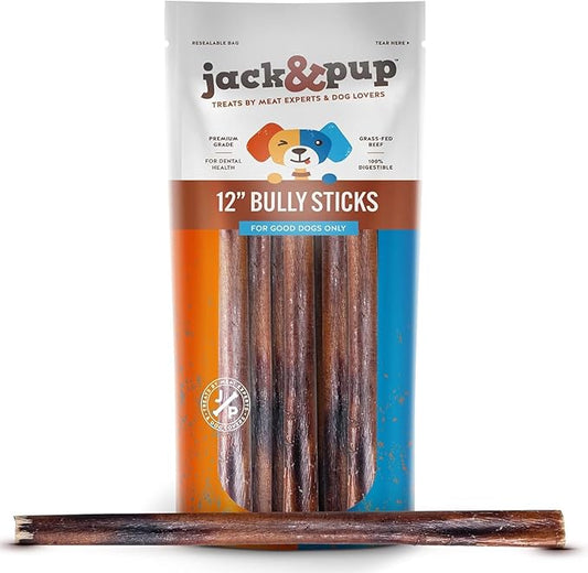 Jack&Pup 12-inch Premium Grade Odor Free Bully Sticks Dog Treats [Thick-Size] 12” Long All Natural Gourmet Dog Treat Chews – Fresh and Savory Beef Flavor – 30% Longer Lasting (3 Ct)