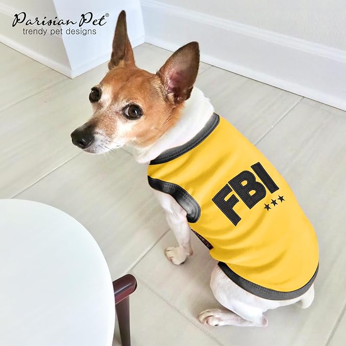 Parisian Pet Dog T-Shirt - Embroidered FBI Shirt - 100% Cotton, Breathable Dog Clothes - Sleeveless Pet Vest - Machine Washable Yellow Dog Shirts for Large Dogs - L