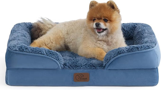 Bedsure Small Orthopedic Dog Bed - Calming Dog Sofa Beds for Small Dogs with Luxurious Plush, Pet Couch Bed with Removable Washable Cover, Waterproof Lining and Nonskid Bottom Couch, Blue