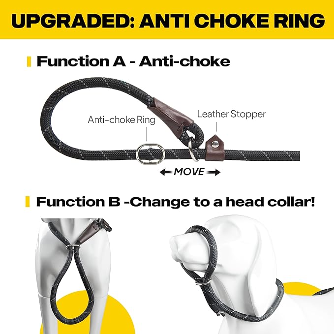 Fida Slip Leads for Dogs, 4 FT x 1/2" Heavy Duty Comfortable Strong Rope Leash for Large, Medium Dogs, No Pull Pet Training Leash with Highly Reflective, Black