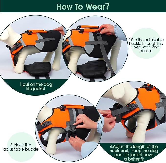 Kuoser Dog Life Jacket, Large High Flotation L Dog Life Vest for Swimming Boating, Reflective Dogs Swimsuit Lifejacket, Pet Life Preserver with Double Rescue Handle, Orange, L