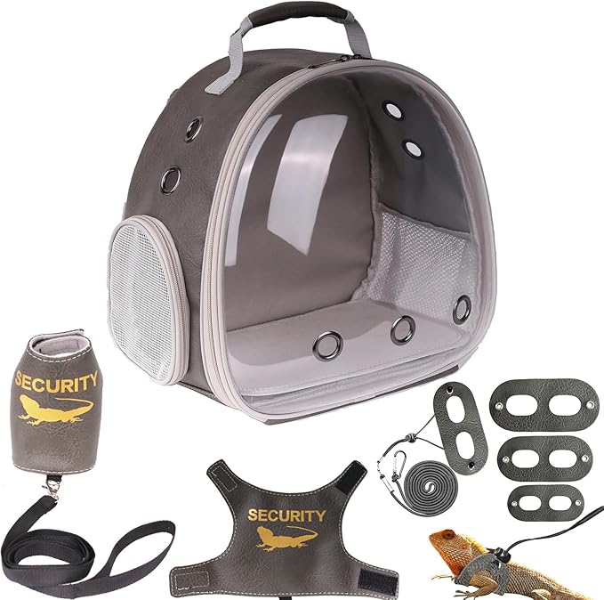 Bearded Dragon Carrier Backpack with Security Printing Harness Leash and 3-Sized Harness Set, Reptile Lizard Travel Guinea Pig Bunny Kitten Travel Carry Bag to Transport (Grey, PU Leather)