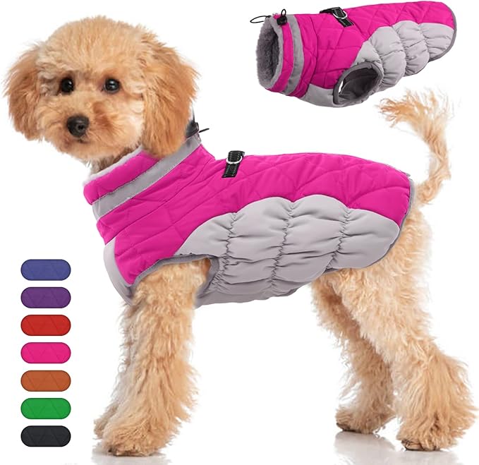 Winter Dog Coat,Large Dog Jacket,Waterproof Pet Jacket with Back Zipper,Pet Coat with Harness Built in,Warm Dogs Coat with Fleece Lined,Snow Jacket Clothes French Bulldog Shiba Inu,Rose Red,L