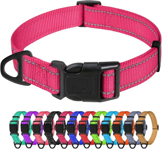 TagME Reflective Nylon Dog Collars, Adjustable Classic Pet Collar with Quick Release Buckle for Small Dogs, Hot Pink, 3/4" Width