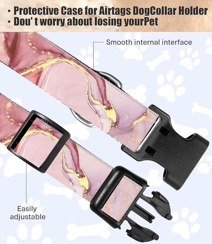 Dog Collar, Cute Dog Collar for Small Medium Large Dogs, Personalized Adjustable Soft Pet Collars with Quick Release Buckle for Walking Running, Pink Gold Marble