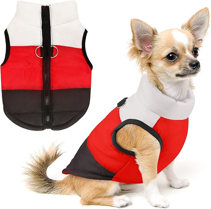 Idepet Pet Dog Cat Coat with Leash Anchor Color Patchwork Padded Puppy Vest Jacket Teddy Chihuahua Costumes Pug Cloth XS S M L (Small (Pack of 1), Black)