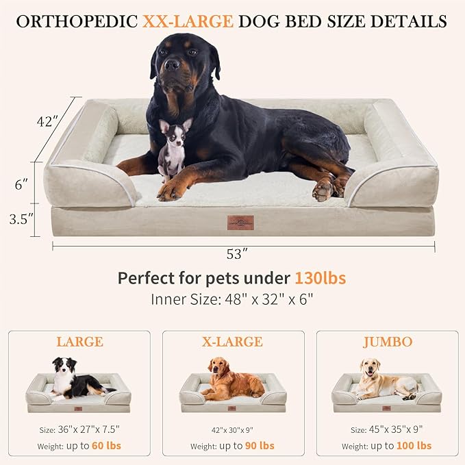 Comfort Expression XXL Dog Bed Waterproof, Extra Large Dog Beds Orthopedic Foam, Washable Dogs Sofa Bed Pet Beds with Removable Cover & Non-Slip Bottom(XX-Large,Beige)