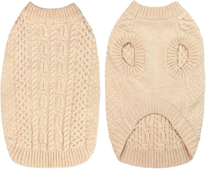 Fleece Beige Dog Sweater - Knitwear Pet Warm Clothes Classic Cable Knit Dog Sweater Cat Apparel Puppy Outfits for Small Medium Dogs Cats Boy Girl Pet (Small)