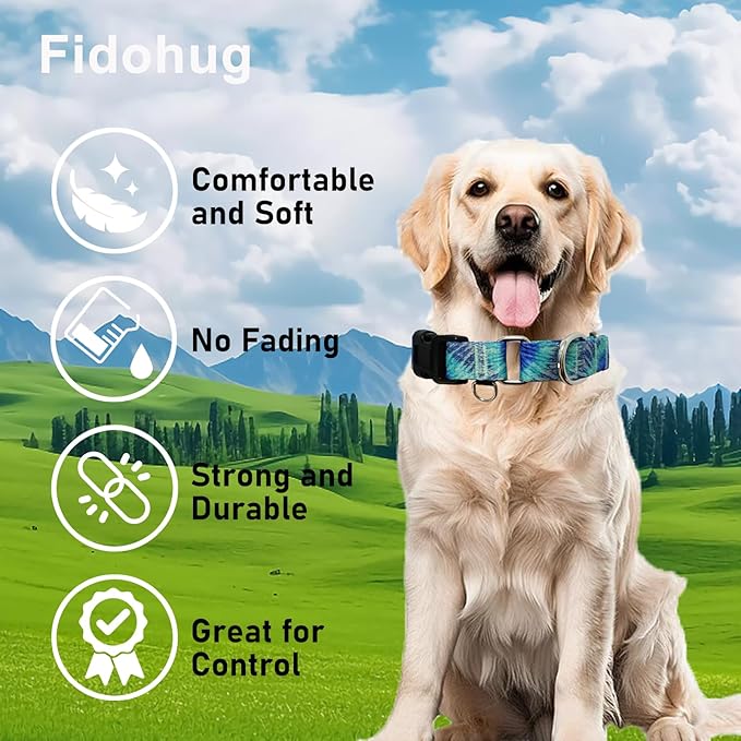 Martingale Collar with Buckle Blue Tie Dye Training Collar Adjustable Nylon Boy Dog Collars (Blue Teal, Large)