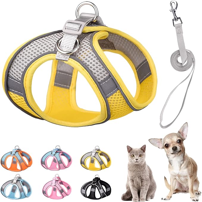 Soft Small Dog Harness and Leash Set Mesh Puppy Harnesses Leash Easy Walk Dog Harness Vest Adjustable Reflective No Pull Dog Harnesses for Small Dogs Cats (Yellow Grey,S)