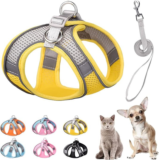 Soft Small Dog Harness and Leash Set Mesh Puppy Harnesses Leash Easy Walk Dog Harness Vest Adjustable Reflective No Pull Dog Harnesses for Small Dogs Cats (Yellow Grey,XS)