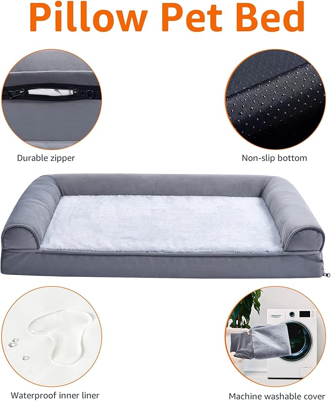 Amazon Basics Foam Living Room Couch Dog Pet Bed with Removable Cover, Grey, 36" x 27"