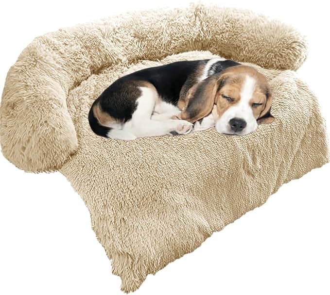 Calming Dog Bed Fluffy Plush Dog Mat for Furniture Protector with Removable Washable Cover for Large Medium Small Dogs and Cats (Small(35x31x5),Beige)