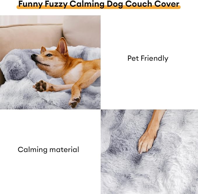 FUNNYFUZZY Calming Dog Bed Mat, Fluffy Fuzzy Couch Cover for Sofa, Furniture Protector with Removable Washable Cover for Small Dogs and Cats (Tie-dye Grey,33.45 × 28.35 × 5.51 in)