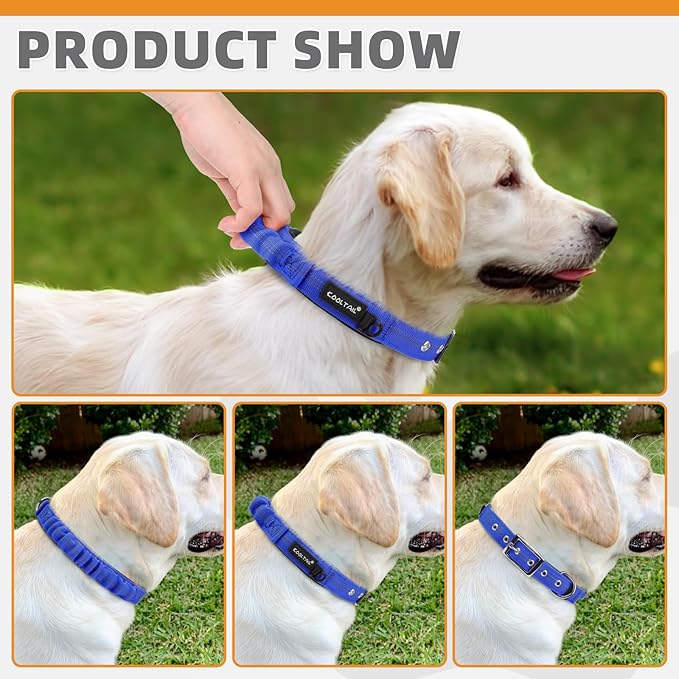 KOOLTAIL Heavy Duty Dog Collar with Handle for Large Dogs, Ballistic Nylon Collar for Training Control, Soft Padded Thick Wide Reflective Dogs Collar with Adjustable Metal Buckle for Walking, Blue M