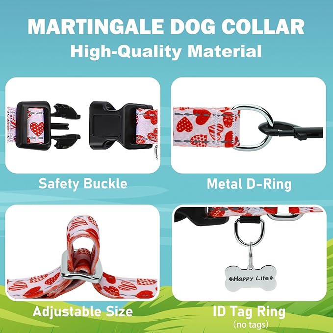Valentines Reflective Martingale Collar for Dogs with Quick Release Buckle Cute Girl No Pull Dog Collars (Red Heart, Small)