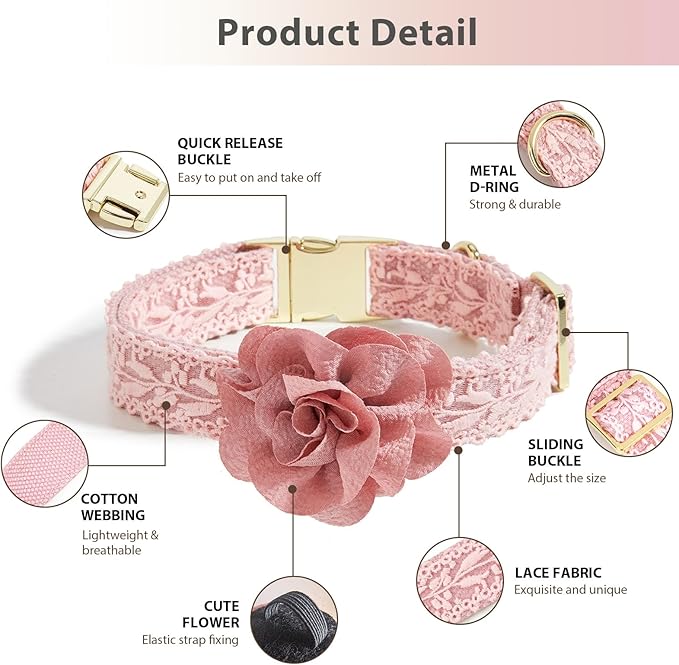 Pink Dog Collar and Leash for Medium Dogs Girls Adjustable Rose Gold Metal Buckle & Durable Padded Handle for Pet Wedding Party,M