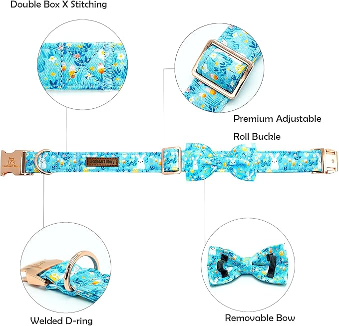 Lionheart glory Dog Bow Collar Easter Day Dog Collar for X-Small Dogs,Easter Rabbits Colorful Dog Collars with Bowtie Spring Bunnies Blue Collars Puppy Collar Bows