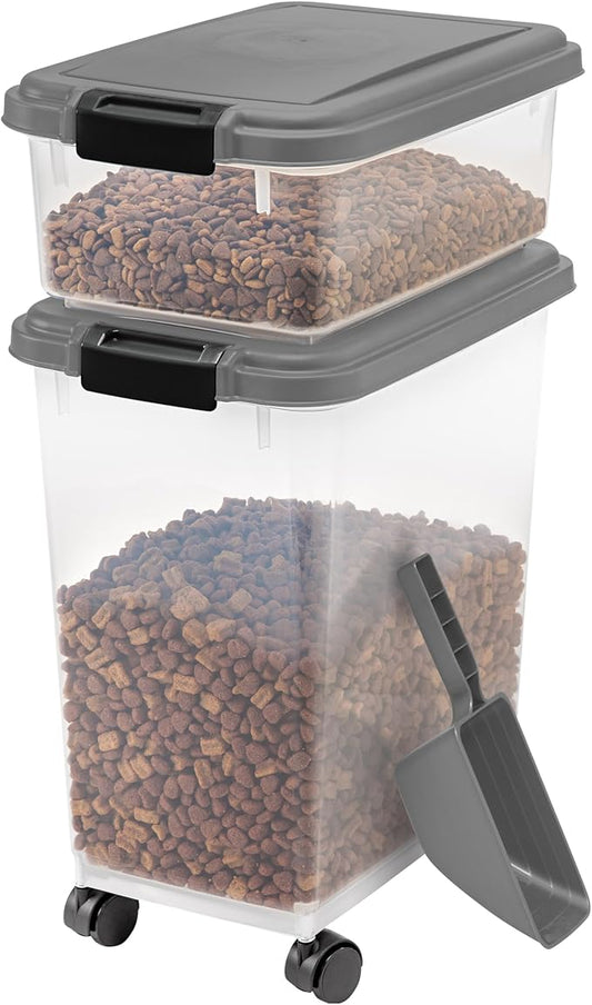 IRIS USA Dog Food Storage Container, 30 lbs & 11 lbs Combo, Cat Food Storage Container, Dog Treat Container, Airtight, Stackable, 2-Cup Scoop, Wheels, Easy Mobility, Dark Gray
