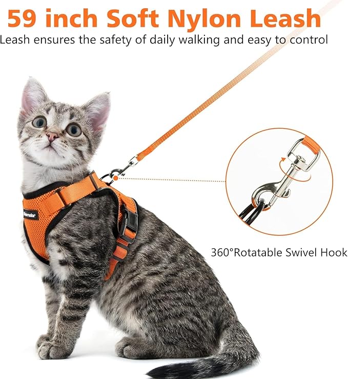 Dooradar Cat Harness and Leash Set, Escape Proof Safe Adjustable Kitten Vest Harnesses for Walking, Easy Control Soft Breathable Mesh Jacket with Reflective Strips for Cats, Orange, XXS