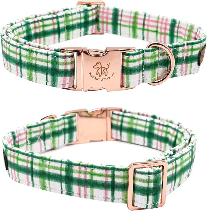 Elegant Little Tail Dog Collar with Bow - Pink with Green Plaid, Cute Bowtie, Adjustable for X-Large Dogs