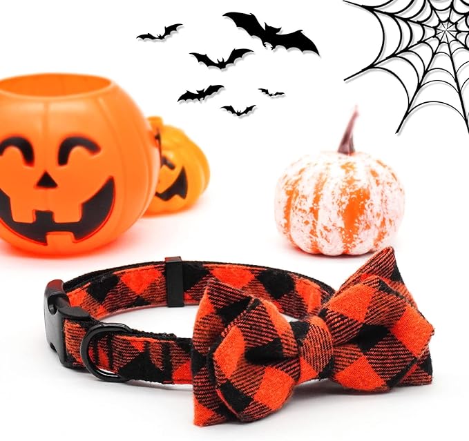azuza Bowtie Dog Collar, Soft & Comfortable Fall Dog Collars with Bow, Plaid Adjustable Dog Collar for Medium Dogs