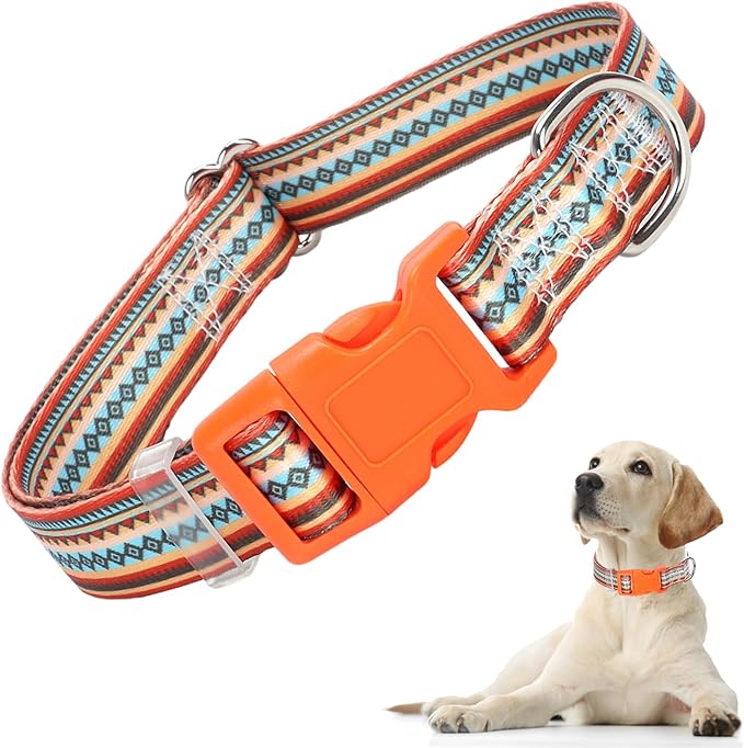 Dog Collar for Large Dogs, Orange Dog Collar with Tribal Ethnic Aztec Patterns, Adjustable Safety Nylon Dog Collars Buckle Collar for Small Medium Large Boy Girl Dogs (XL)