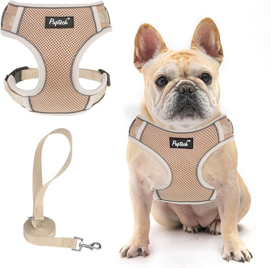 PUPTECK Dog Harness and Leash Set for Small Medium Dogs No Pull, Soft Mesh Adjustable Puppy Cat Harness Reflective at Night, Khaki S