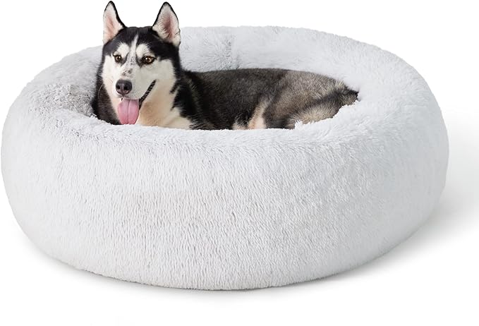 Bedsure Calming Dog Bed for Large Dogs - Donut Washable Large Pet Bed, 36 inches Anti-Slip Round Fluffy Plush Faux Fur Dog Bed, Fits up to 100 lbs Pets, Frost Grey