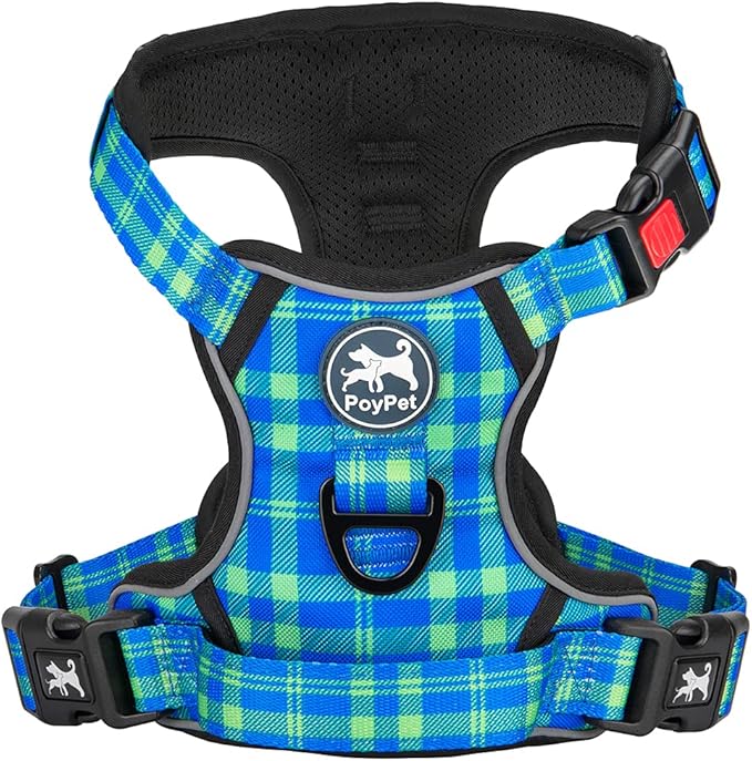 PoyPet No Pull Dog Harness, Reflective Adjustable No Choke Pet Vest with Front & Back 2 Leash Attachments, Soft Control Training Handle for Small Medium Large Dogs(Checkered Blue & Green,XL)