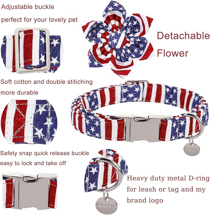 Dog Collar with Flower, 4th of July Comfortable Cotton Dog Collar, American Flag Collar for Small Girl Dog, Patriotic Flower Collar with Metal Buckle, S