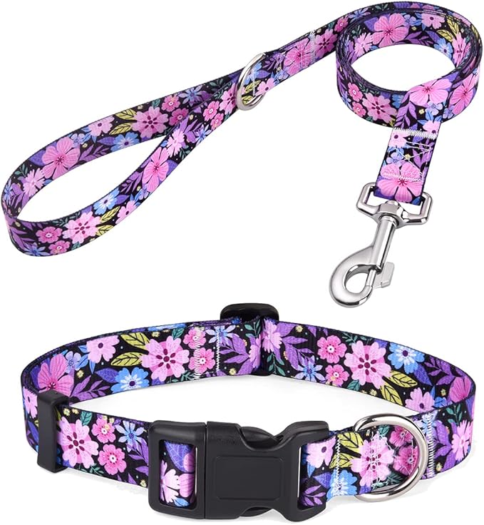 Dog Collar and Leash Set with Bohemia Floral Tribal Geometric Patterns - Soft Ethnic Style Collar Adjustable for Small Medium Large Dogs(Pink Floral Set,XS)