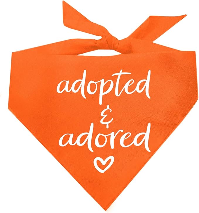 Adopted and Adored Dog Bandana | 100% Cotton Adjustable Triangle | Made in USA | Adoption Event Prop Photoshoot | Rescue | Orange One Size (380)