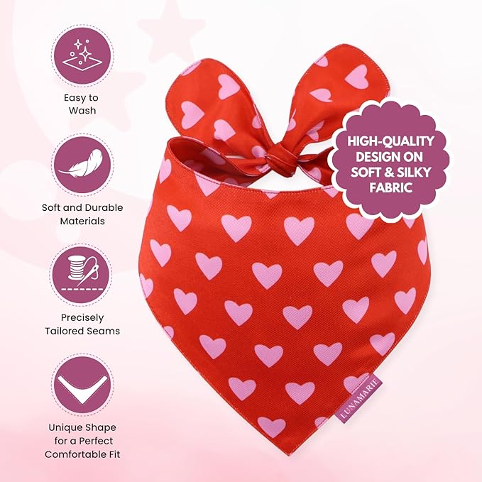 Luxury Pet Birthday Bandanas -Premium & Silky Poly Fabric | 100% Handmade | Custom Shape Dual Layered (Evie Hearts, X-Small)