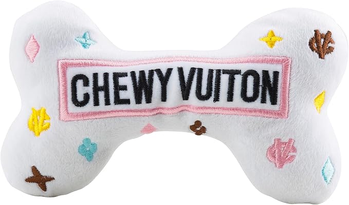Haute Diggity Dog White Chewy Vuiton Bone, Plush Designer Dog Toys with Interactive Squeaker, Stimulating Pet Enrichment, Machine-Washable & Safe Materials for All Breeds, Size Medium
