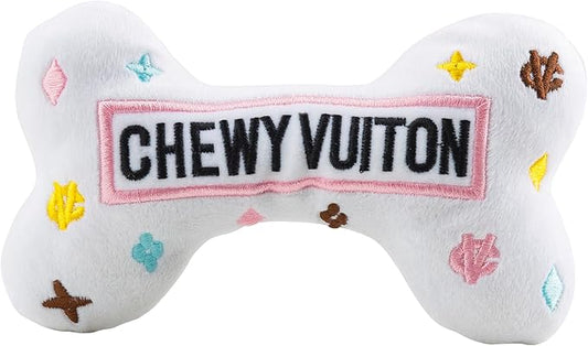 Haute Diggity Dog White Chewy Vuiton Bone, Plush Designer Dog Toys with Interactive Squeaker, Stimulating Pet Enrichment, Machine-Washable & Safe Materials for All Breeds, Size Medium