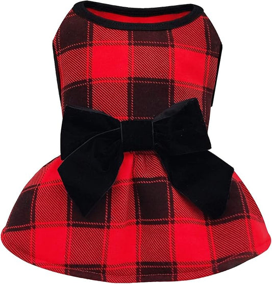 KYEESE Christmas Dog Dress for Small Dogs Red Buffalo Check Dogs Dresses with Bowtie Pullover Dog Dress