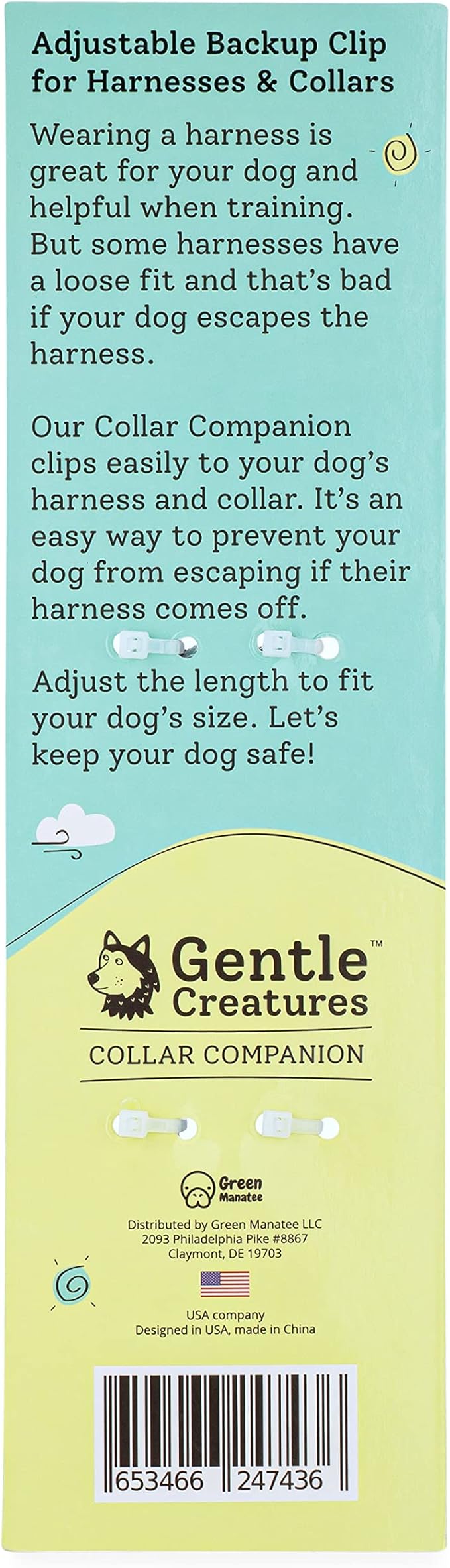 Gentle Creatures Collar Companion - Adjustable Collar Backup Clip for Dog Harness, Prong, Pinch Collar, Gentle Lead - Double Ended Clasp - Safety Clip