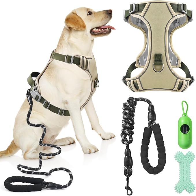 Dog Harness Adjustable Reflective Easy Control for Medium/Large Dog Harness with A Free Heavy Duty 5ft Dog Leash (XL (Neck: 23.6"-31", Chest: 26.7"-36.6")(Khaki, Extra Large)