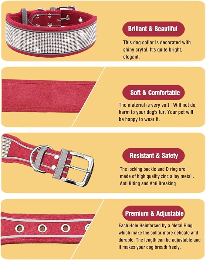 Bling Rhinestone Dog Collar Soft Comfortable Stylish Dog Collar with Bright Reflective Stripe Premium Adjustable Diamond Crystal Pet Collar for Small Medium and Large Dogs (M, Red)