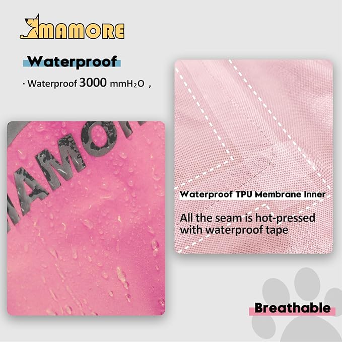 MAMORE Dog Raincoat Hooded Rain Jacket for Small Medium Large Dogs Slicker Poncho Bottom Waterproof Adjustable Reflective Breathable Leash Hole (Pink, XXX-Large)