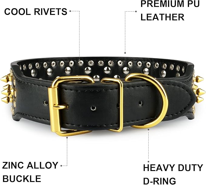 Wide Gold Spiked Dog Collar, Epesiri Dog Chain Collars, Mushroom Rivet PU Leather Dog Collars, Adjustable Durable Spike Studded Pet Collar for Pitbull Mastiff Bulldog Pugs Husky Rottweiler