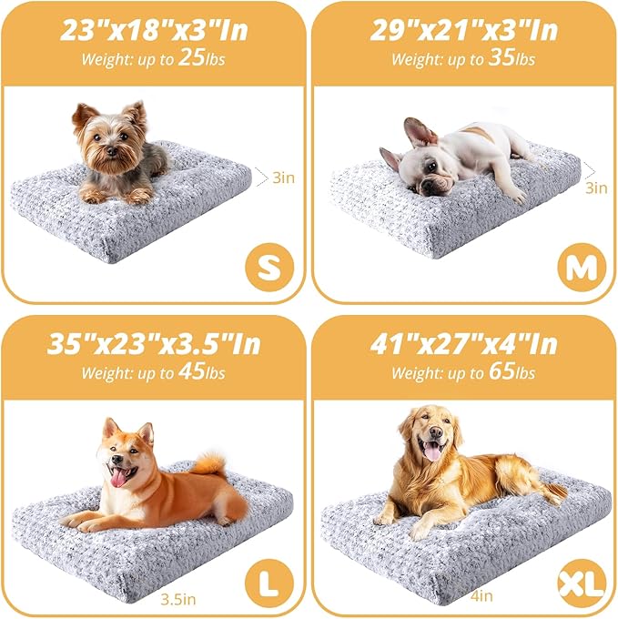 JOLLYVOGUE Washable Dog Bed for Crate, Deluxe Rose Plush Dog Crate Beds for Small Medium Large Size Dogs, Anti-Slip Soft Comfy Pet Kennel Pad, Fits Kennel Cage and Cat Bed Mat, 35" X 23", Gray