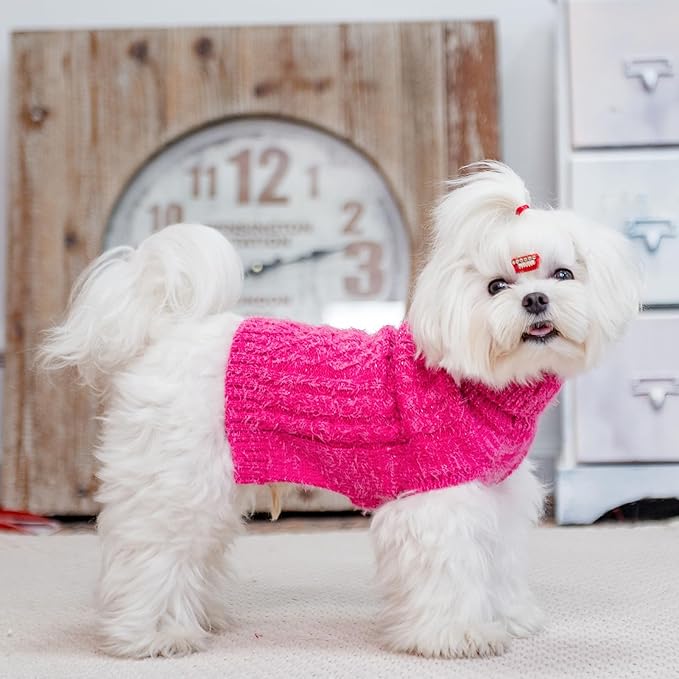 Turtleneck Small Dog Sweaters - Classic Cable Knitwear Winter Coat for Small Medium Dogs Male Female Puppy Dog Cold Weather Clothes Girls Boys, Hot Pink, M