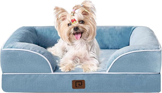 EHEYCIGA Orthopedic Dog Bed for Small Dogs, Waterproof Memory Foam Small Dog Beds with Sides, Non-Slip Bottom and Egg-Crate Foam Medium Pet Couch Bed with Washable Removable Cover, Washed Blue
