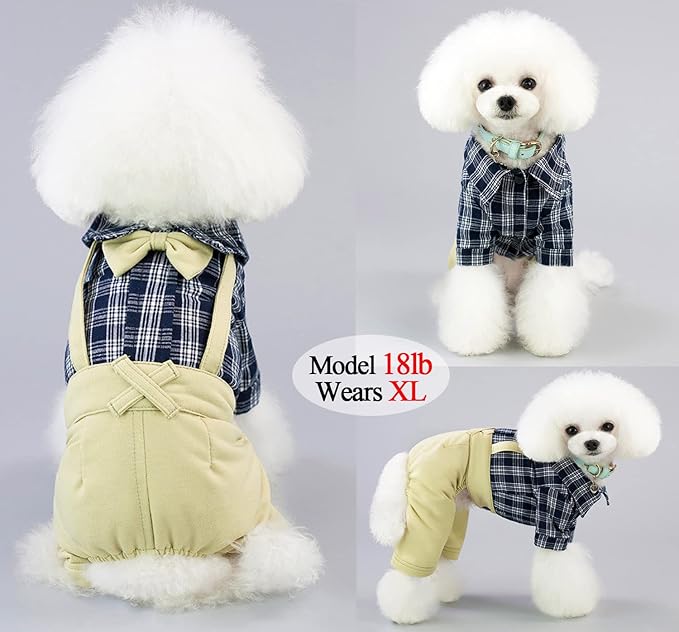 Pet Clothes Dog Shirts Classic Plaid Striped Overall Jumpsuit, Gentle Puppy Wedding Birthday Western Onesies Apparel, Fashion Daily Outfit with Bowtie for Dogs and Cats (Small, Khaki)