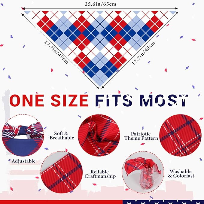 Geyoga 60 Pcs 4th of July Plaid Dog Bandanas Bulk Pet Grooming Scarf Bibs Supplies Adjustable Washable Kerchief Pet Groomer Accessories for Small to Large Cats Dogs Costume Party