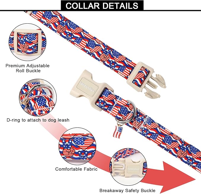 Lionet Paws 4th of July Dog Collar- Cute America Flag Pattern Dog Collars with Plastic Buckle and Flag Pendant, Light Adjustable Dog Collars for Small Medium Dogs