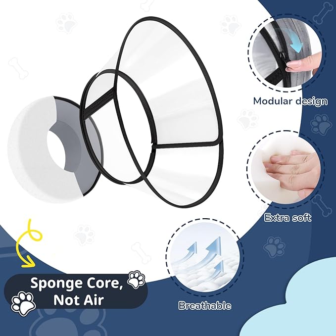 Sponge Core Dog Cone, Inflatable Dog Cone Collar Alternative, Dogs Donut Collar After Surgery, Soft Cone for Large Medium Small Dogs to Stop Licking, No Inflation Required, Clear View(Size 3, Gray)